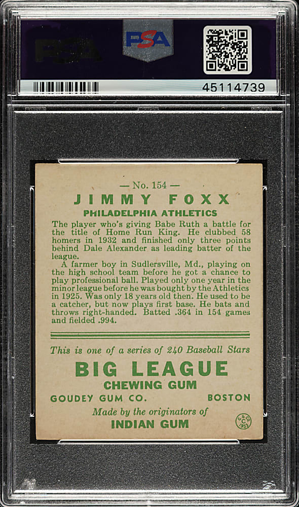 1933 R319 Goudey #154 Jimmie Foxx PSA EX 5