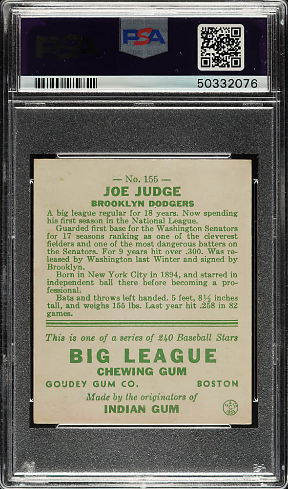 1933 R319 Goudey #155 Joe Judge PSA EX-MT+ 6.5