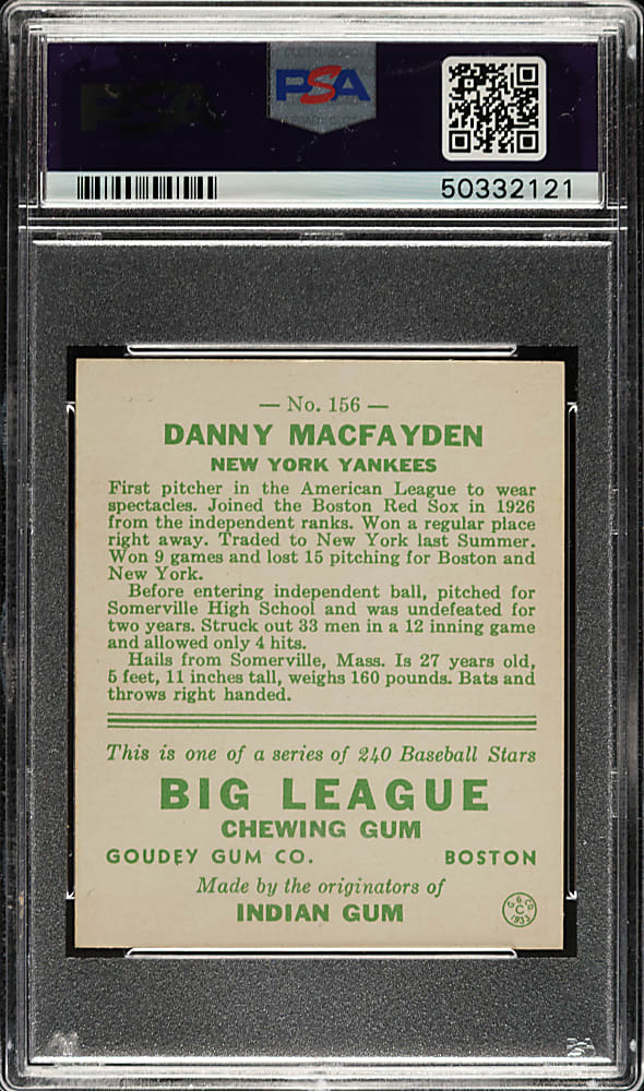 1933 R319 Goudey #156 Danny MacFayden PSA NM 7