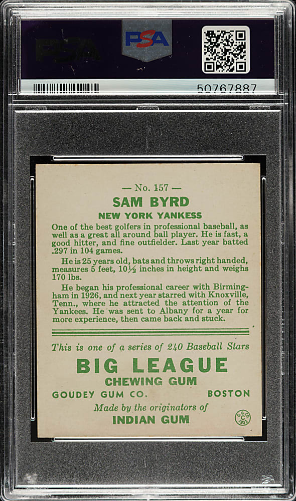 1933 R319 Goudey #157 Sammy Byrd PSA EX-MT 6
