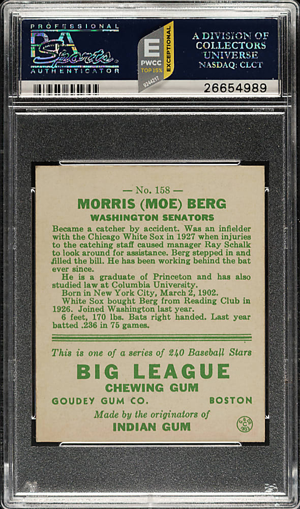 1933 R319 Goudey #158 Moe Berg PSA EX-MT 6