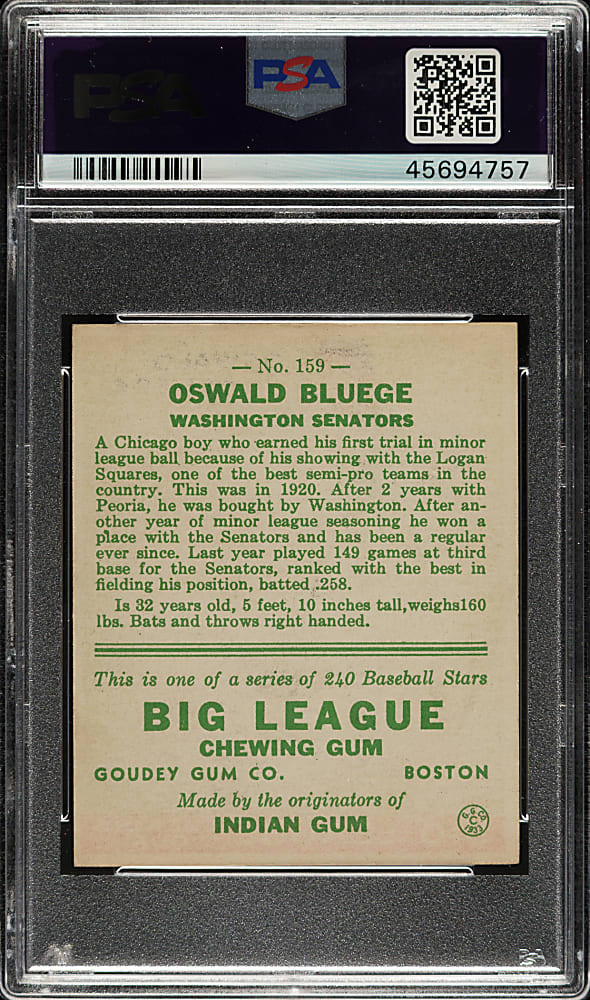 1933 R319 Goudey #159 Ossie Bluege PSA NM 7