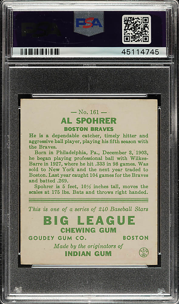 1933 R319 Goudey #161 Al Spohrer PSA NM 7