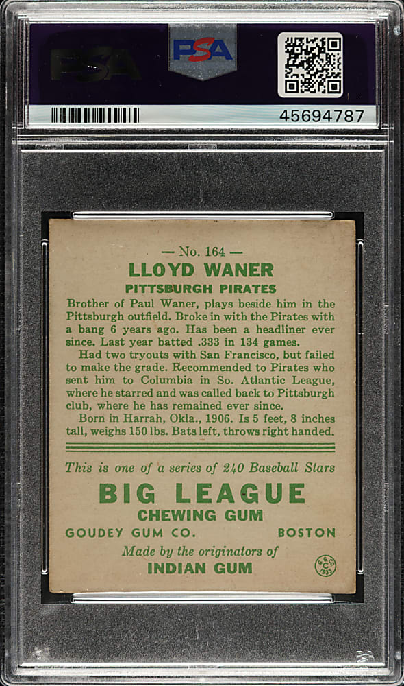 1933 R319 Goudey #164 Lloyd Waner PSA EX 5