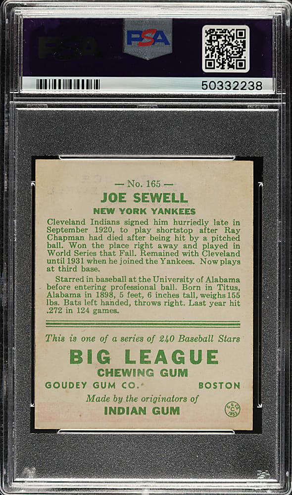 1933 R319 Goudey #165 Joe Sewell PSA NM 7