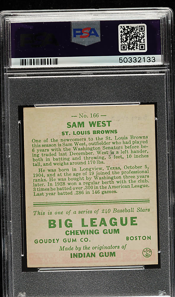 1933 R319 Goudey #166 Sam West PSA NM+ 7.5