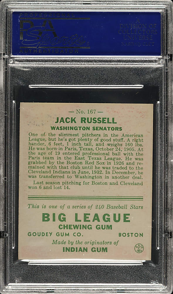 1933 R319 Goudey #167 Jack Russell PSA NM 7