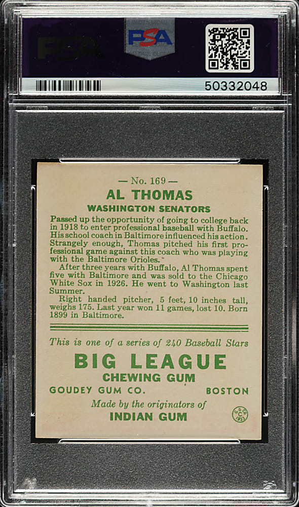 1933 R319 Goudey #169 Al Thomas PSA EX-MT 6