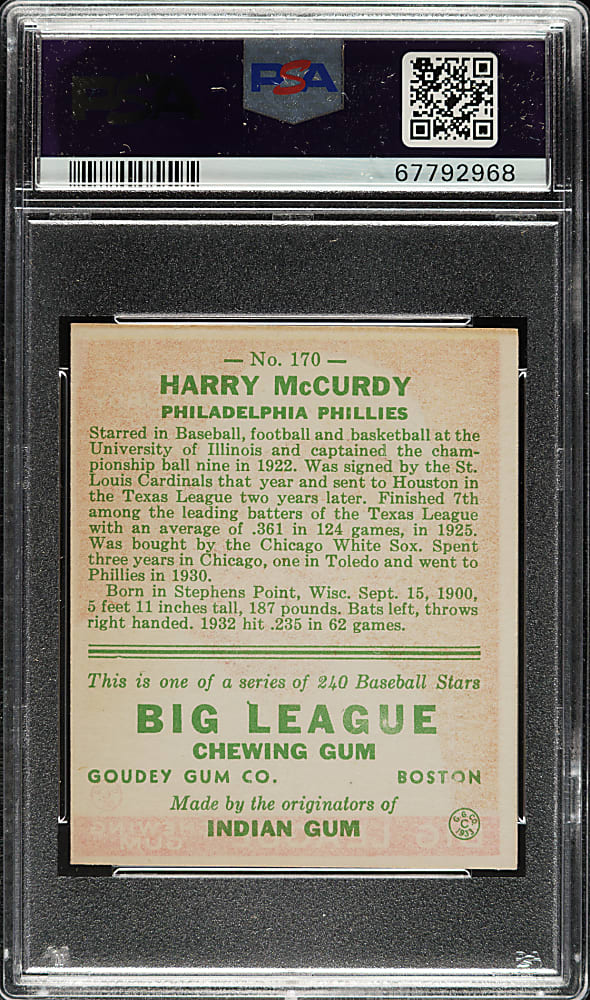1933 R319 Goudey #170 Harry McCurdy PSA EX-MT 6