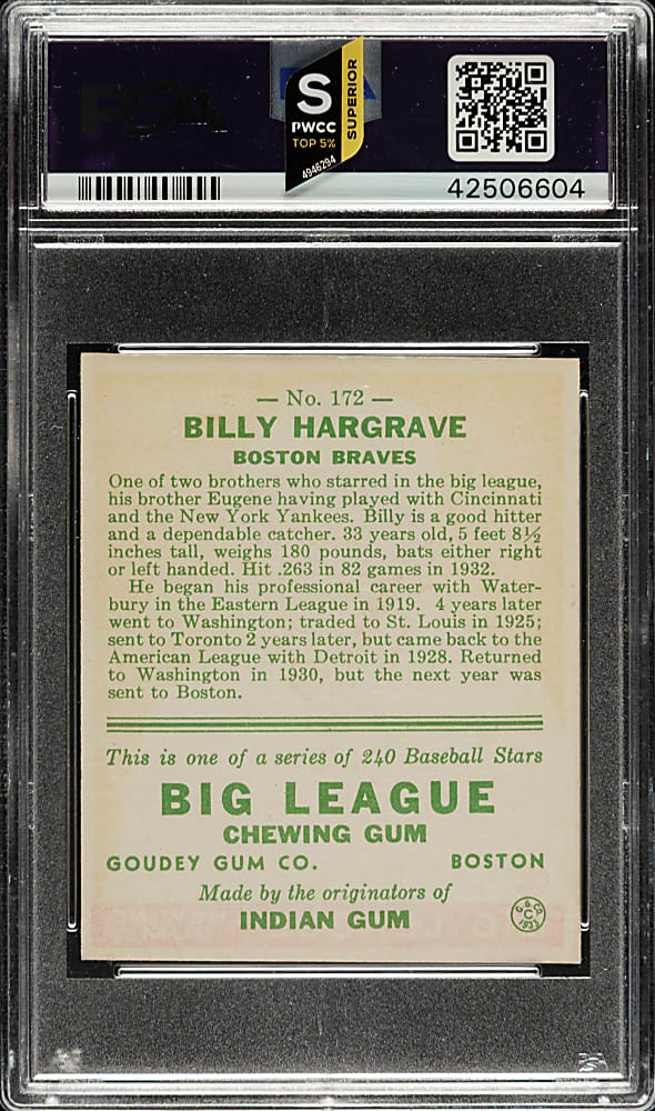1933 R319 Goudey #172 Billy Hargrave PSA NM 7