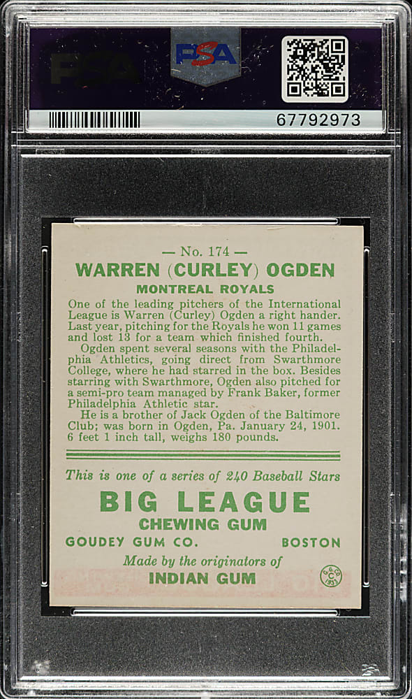 1933 R319 Goudey #174 Curley Ogden PSA NM+ 7.5