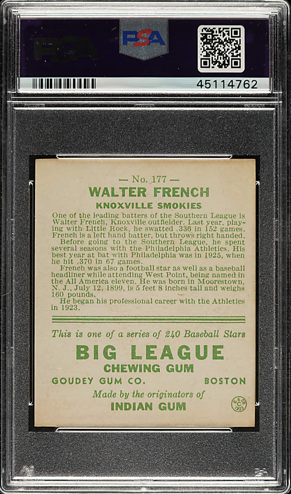 1933 R319 Goudey #177 Walter French PSA NM 7