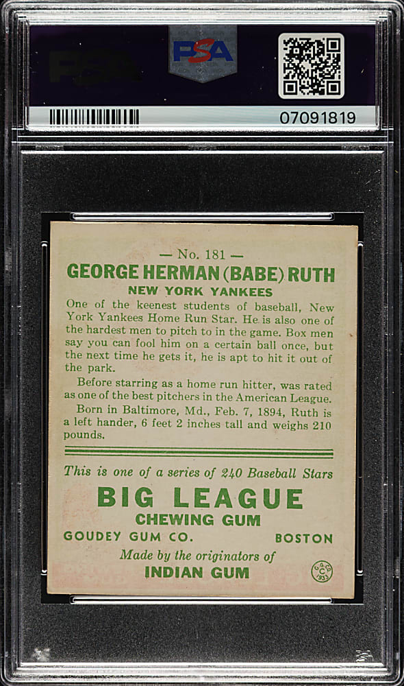 1933 R319 Goudey #181 Babe Ruth PSA NM 7