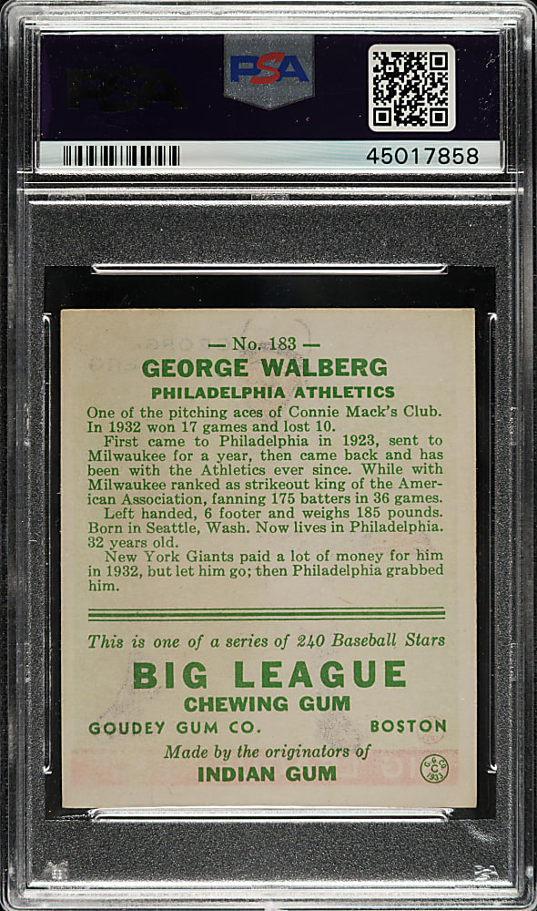 1933 R319 Goudey #183 Rube Walberg PSA NM 7