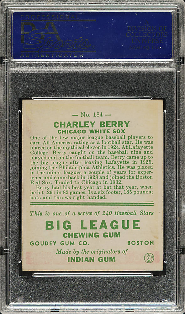 1933 R319 Goudey #184 Charley Berry PSA NM-MT 8