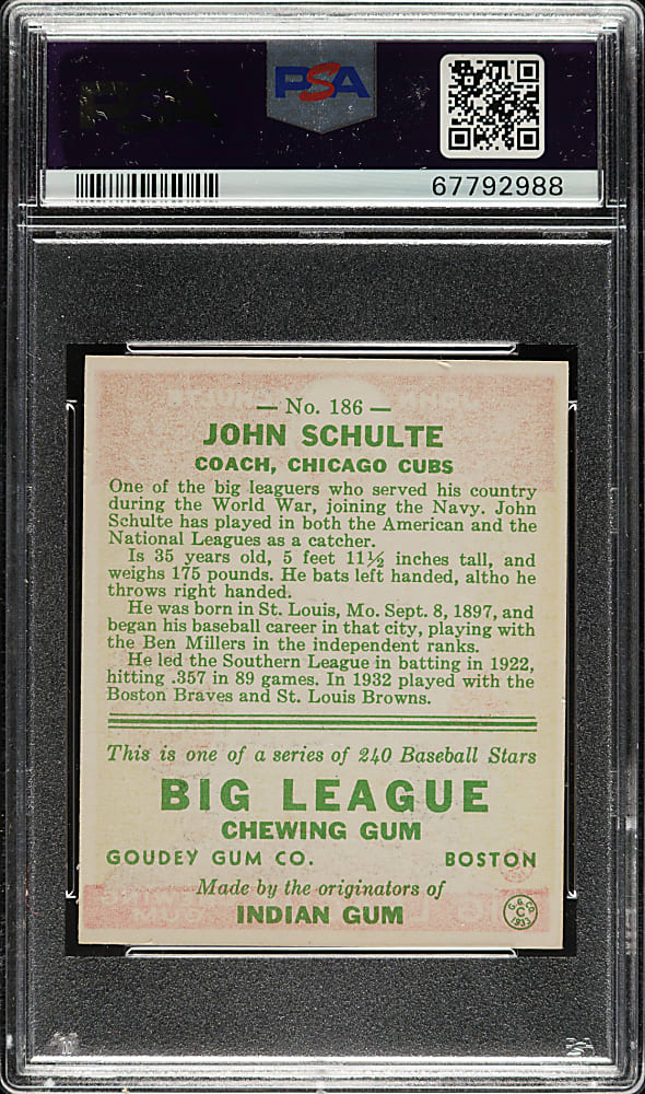 1933 R319 Goudey #186 John Schulte PSA NM-MT 8