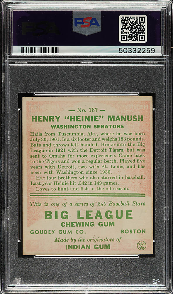 1933 R319 Goudey #187 Heinie Manush PSA NM 7