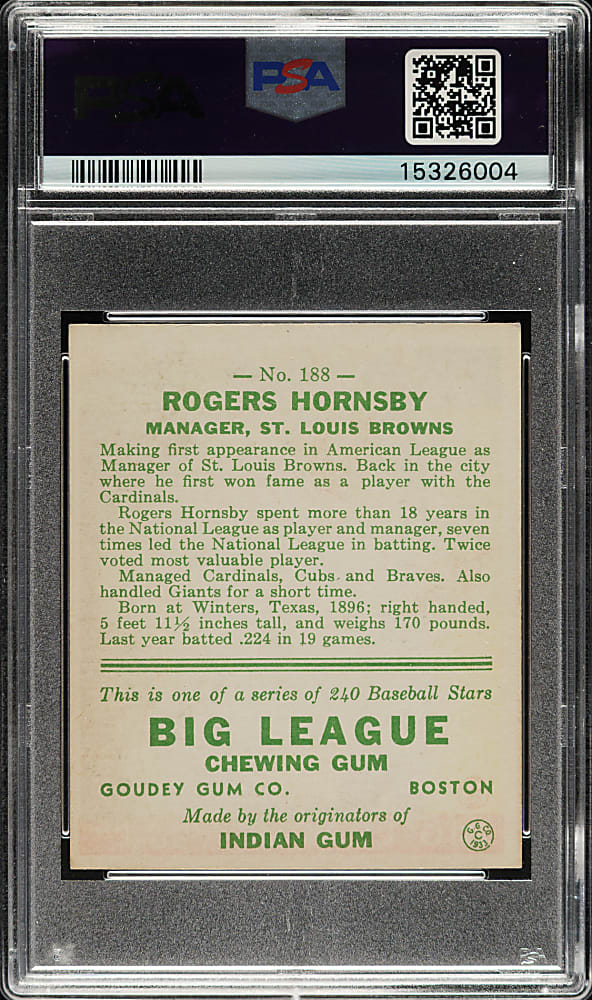 1933 R319 Goudey #188 Rogers Hornsby PSA NM+ 7.5