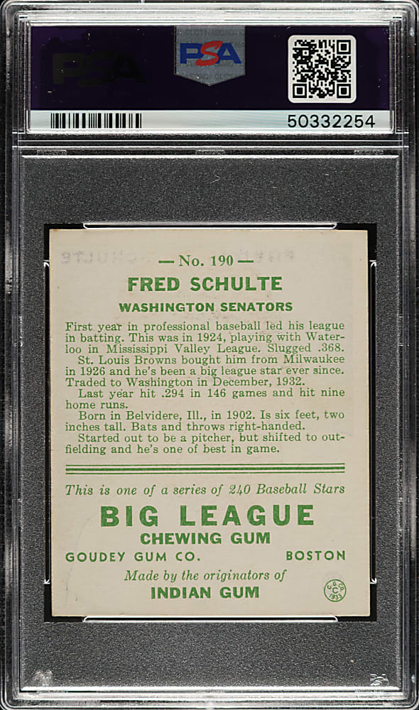 1933 R319 Goudey #190 Fred Schulte PSA NM 7