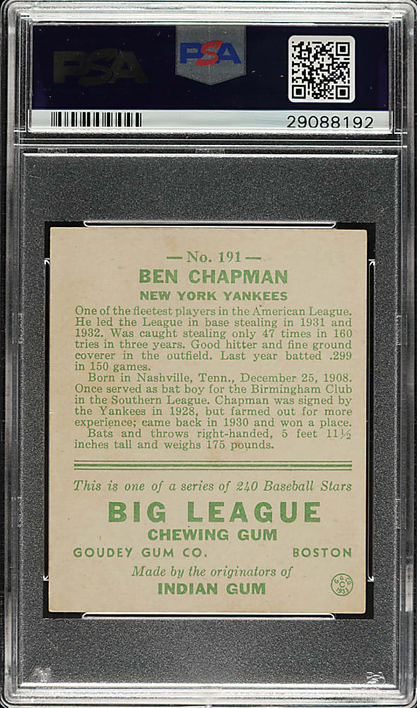 1933 R319 Goudey #191 Ben Chapman PSA EX-MT 6