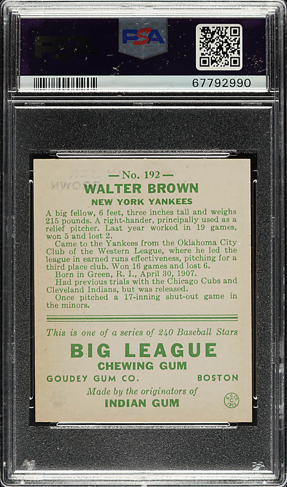 1933 R319 Goudey #192 Walter Brown PSA NM 7