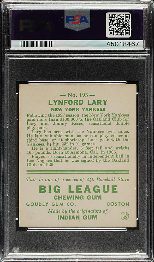 1933 R319 Goudey #193 Lynford Lary PSA NM+ 7.5