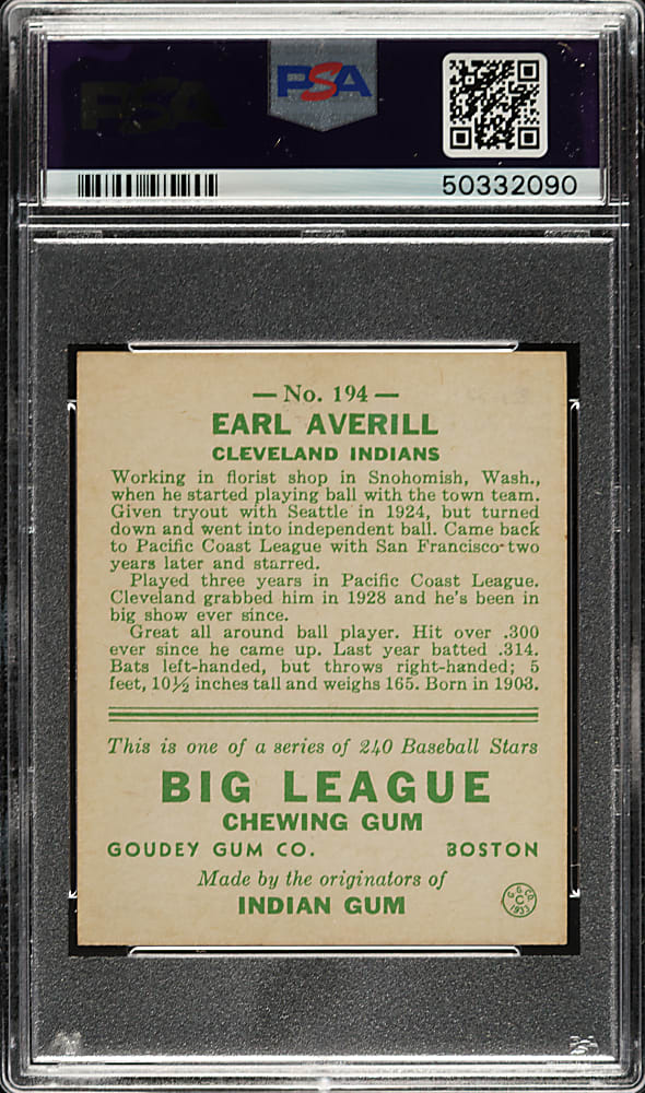 1933 R319 Goudey #194 Earl Averill PSA NM 7