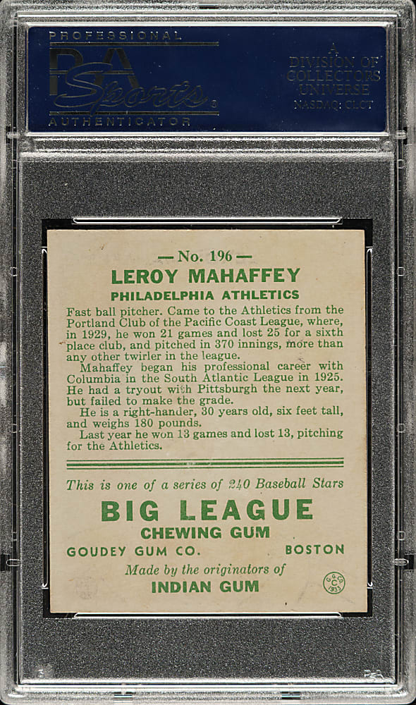 1933 R319 Goudey #196 Leroy Mahaffey PSA NM 7