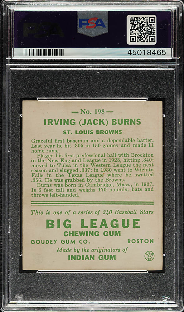 1933 R319 Goudey #198 Jack Burns PSA NM 7