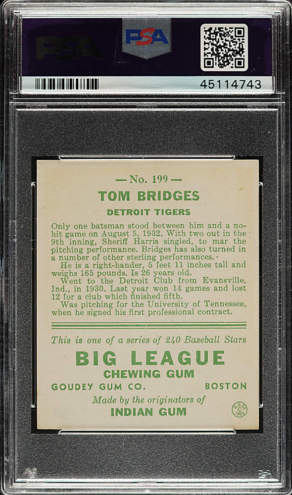 1933 R319 Goudey #199 Tom Bridges PSA NM 7