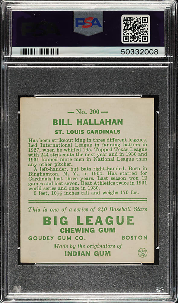 1933 R319 Goudey #200 Bill Hallahan PSA NM 7