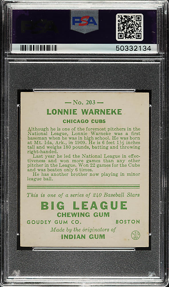 1933 R319 Goudey #203 Lonnie Warneke PSA EX-MT 6