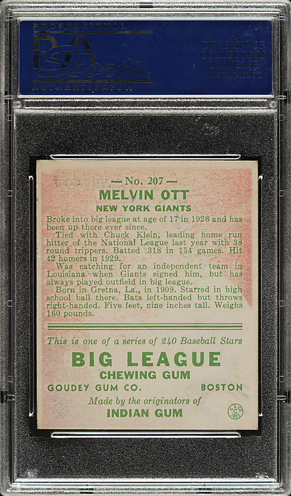 1933 R319 Goudey #207 Mel Ott PSA NM 7