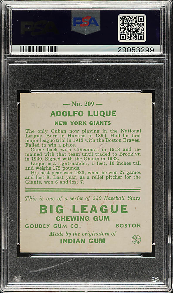 1933 R319 Goudey #209 Adolfo Luque PSA NM 7