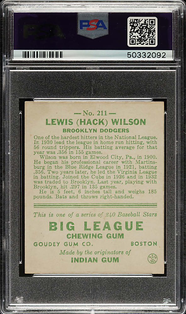 1933 R319 Goudey #211 Hack Wilson PSA NM 7