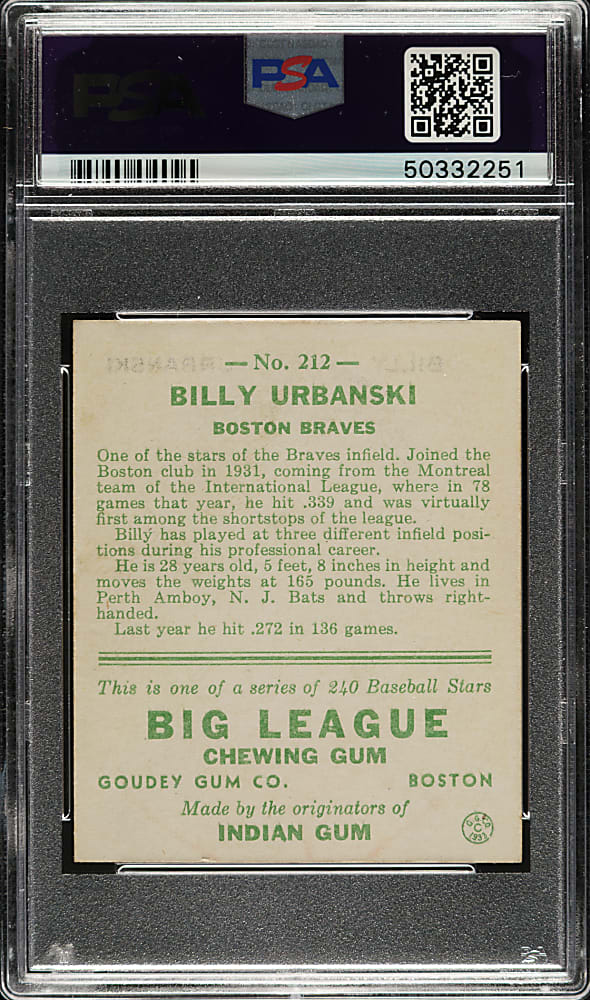 1933 R319 Goudey #212 Billy Urbanski PSA NM 7