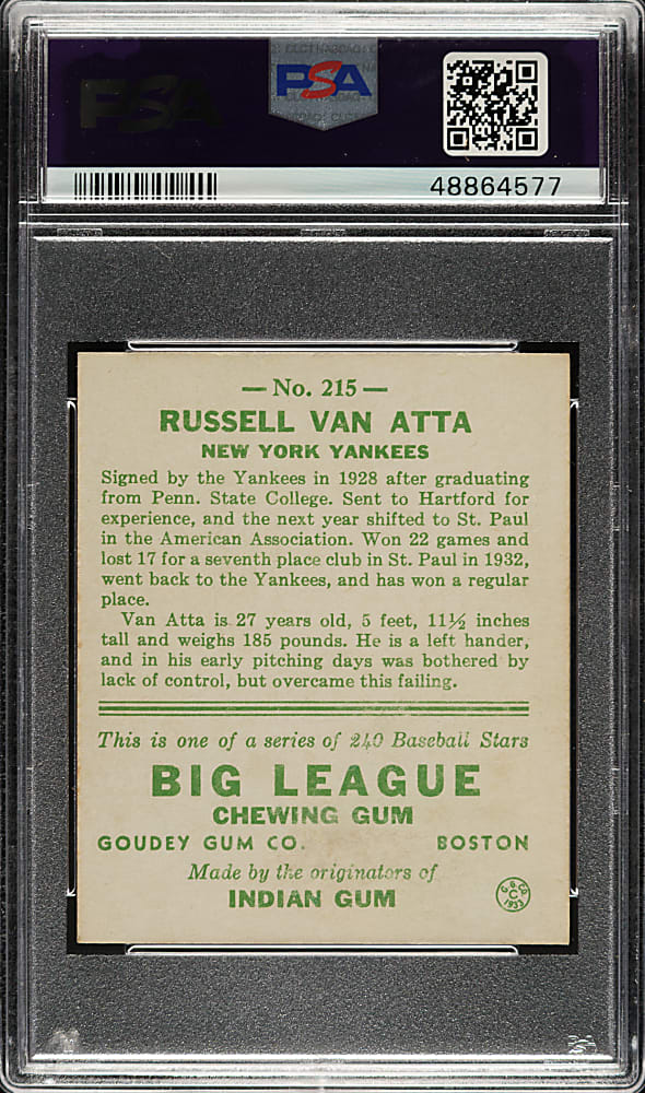 1933 R319 Goudey #215 Russell Van Atta PSA NM 7