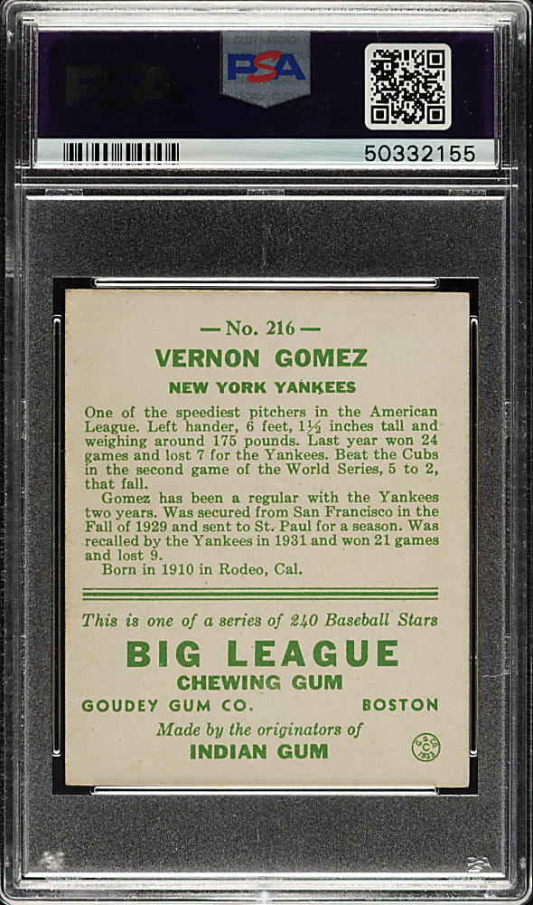 1933 R319 Goudey #216 Vernon "Lefty" Gomez PSA EX-MT 6