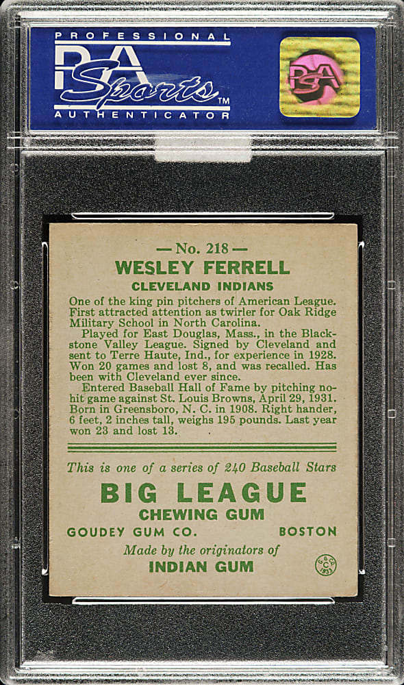 1933 R319 Goudey #218 Wesley Ferrell PSA EX-MT 6 (MBA Gold Diamond)