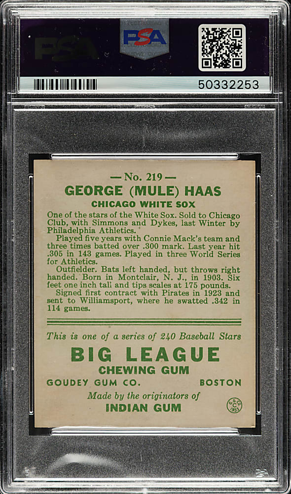 1933 R319 Goudey #219 Mule Haas PSA NM-MT 8 - Highest Graded!