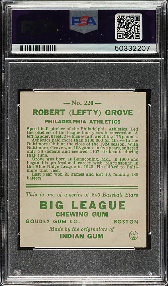 1933 R319 Goudey #220 Lefty Grove PSA EX-MT 6
