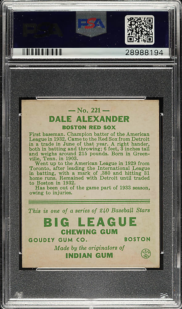 1933 R319 Goudey #221 Dale Alexander PSA EX-MT 6