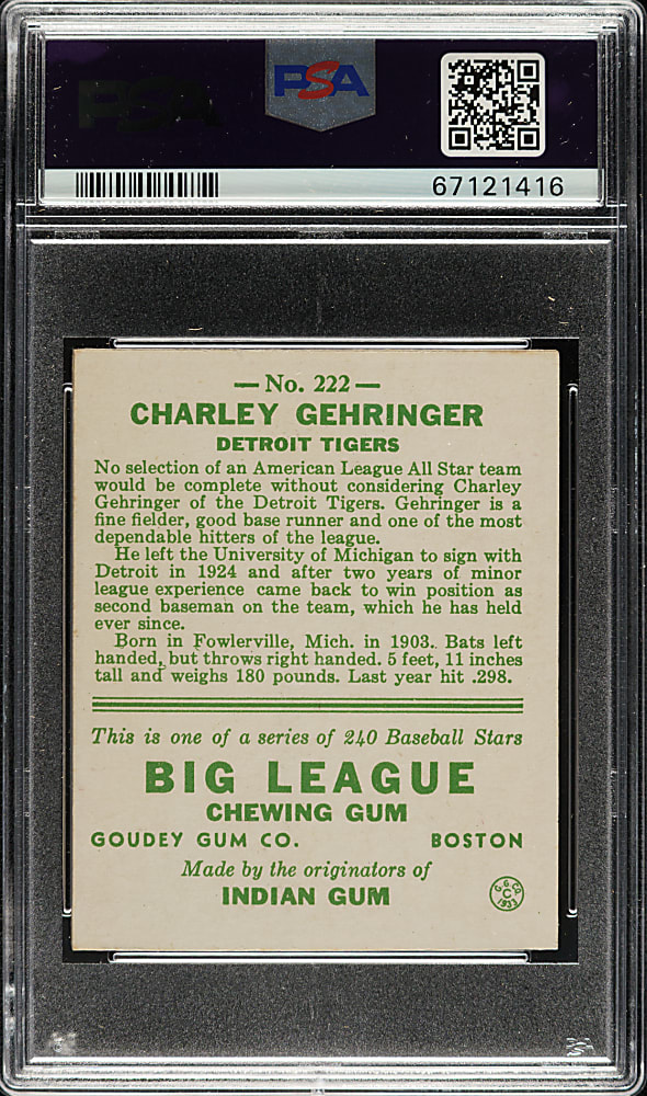 1933 R319 Goudey #222 Charley Gehringer PSA EX-MT 6