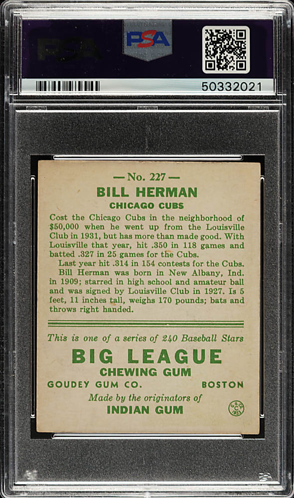 1933 R319 Goudey #227 Billy Herman PSA NM+ 7.5