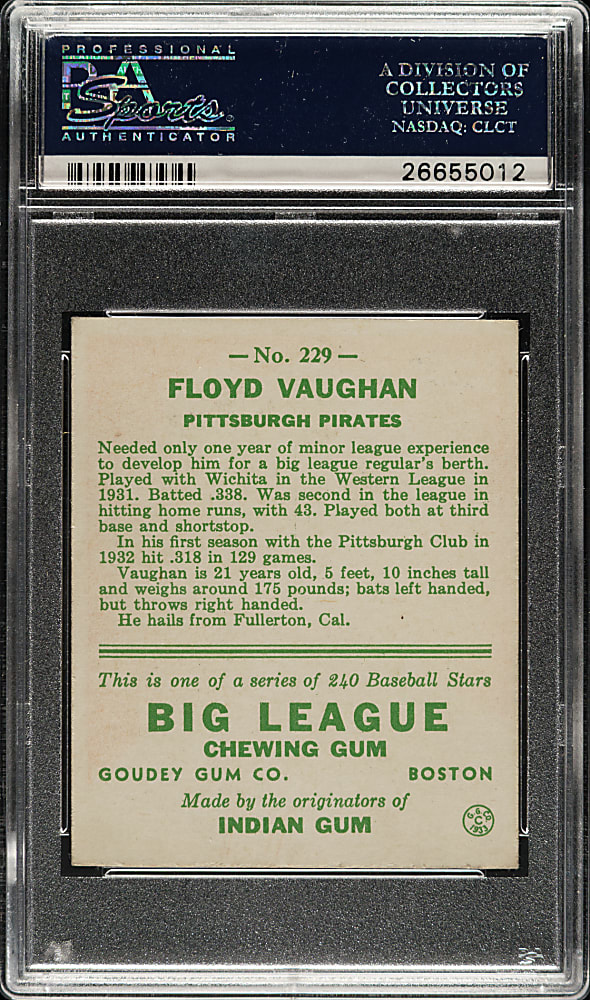 1933 R319 Goudey #229 Arky Vaughan PSA EX-MT 6