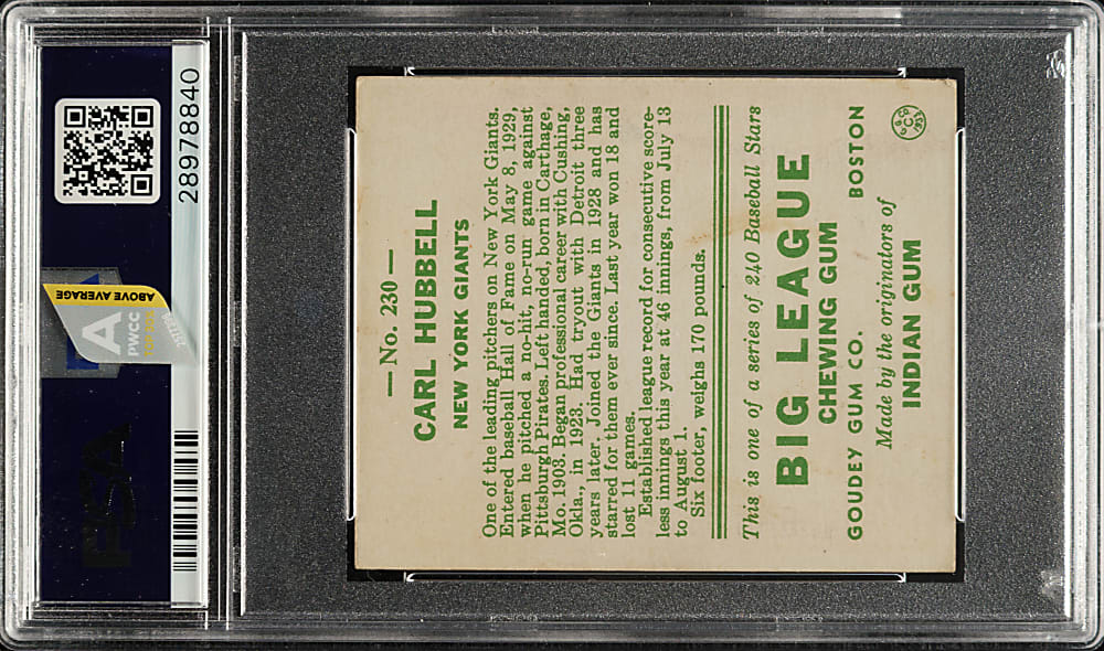 1933 R319 Goudey #230 Carl Hubbell PSA EX+ 5.5
