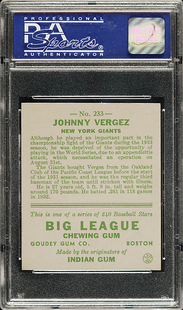 1933 R319 Goudey #233 Johnny Vergez PSA NM-MT 8