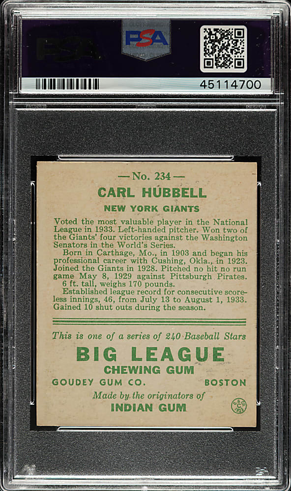 1933 R319 Goudey #234 Carl Hubbell PSA NM 7