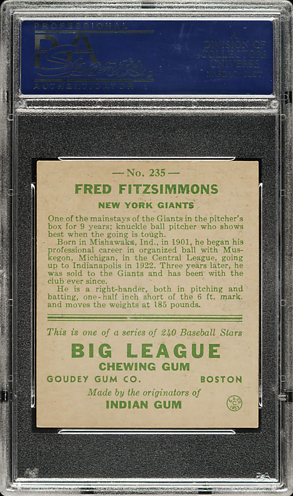1933 R319 Goudey #235 Fred Fitzsimmons PSA NM 7