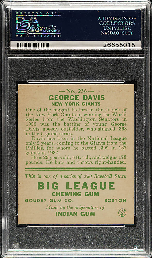 1933 R319 Goudey #236 George Davis PSA EX-MT 6